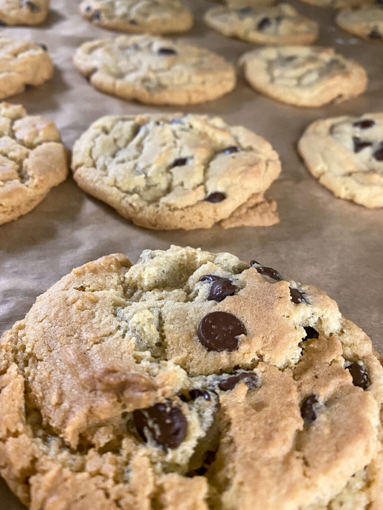 Delicious homemade chocolate chip cookies on a baking sheet.